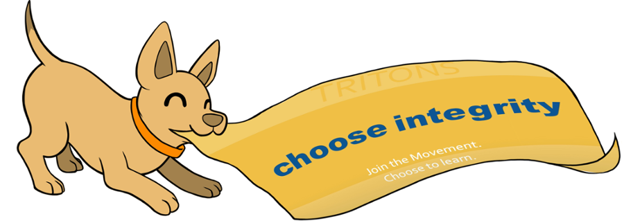 A banner image of Courage the dog, pulling a yellow banner that displays "Choose Integrity".