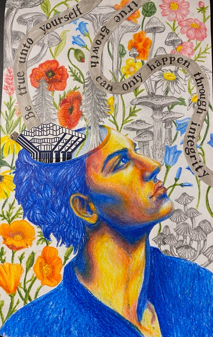 True Growth, an art piece by UC San Diego Student Hanako Primer. It displays a person thinking, with the phrase "Be true unto yourself, true growth can only happen through integrity".
